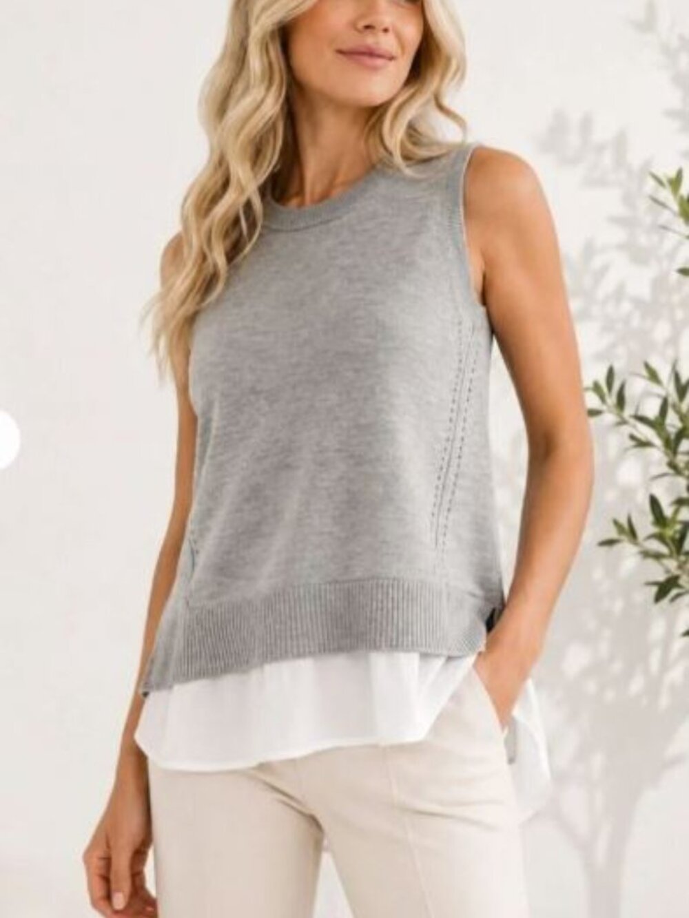 Athleta Light Gray Wool Knit Tank with White Layered Hem Sweater Size M